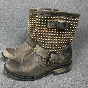 Steve Madden Monicaa Zip Up Studded Moto Mid Calf Taupe Leather Boots Womens 7.5